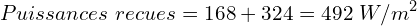 \[Puissances\ recues=168+324=492\ W/m^2\]