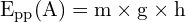 \[ \mathrm{ E_{pp}(A) = m \times g \times h }\]