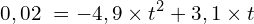 \[0,02\ =-4,9 \times t^2+3,1 \times t\]