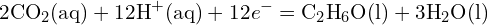 \[ 2 \text{CO}_2 (\text{aq}) + 12 \text{H}^+ (\text{aq}) + 12 e^- = \text{C}_2 \text{H}_6 \text{O} (\text{l}) + 3 \text{H}_2 \text{O} (\text{l}) \]