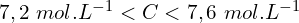 7,2\ mol.L^{-1}<C<7,6\ mol.L^{-1}