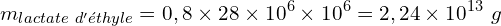 \[m_{lactate\ d'éthyle}=0,8\times28\times10^6\times10^6=2,24\times10^{13}\ g\]