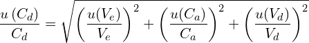 \[\frac{u\left(C_d\right)}{C_d}=\sqrt{\left(\frac{u(V_e)}{V_e}\right)^2+\left(\frac{u(C_a)}{C_a}\right)^2+\left(\frac{u(V_d)}{V_d}\right)^2}\]