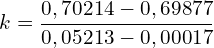 \[k=\frac{0,70214-0,69877}{0,05213-0,00017}\]