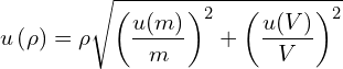 \[u\left(\rho\right)=\rho\sqrt{\left(\frac{u(m)}{m}\right)^2+\left(\frac{u(V)}{V}\right)^2}\]