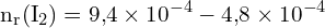 \[ \mathrm{ n_r(\text{I}_2) = 9{,}4 \times 10^{-4} - 4{,}8 \times 10^{-4}}\]