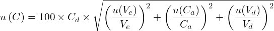 \[u\left(C\right)=100 \times C_d \times \sqrt{\left(\frac{u(V_e)}{V_e}\right)^2+\left(\frac{u(C_a)}{C_a}\right)^2+\left(\frac{u(V_d)}{V_d}\right)^2}\]