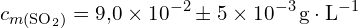 \[ c_{m(\text{SO}_2)} = 9{,}0 \times 10^{-2} \pm 5 \times 10^{-3} \, \text{g} \cdot \text{L}^{-1} \]